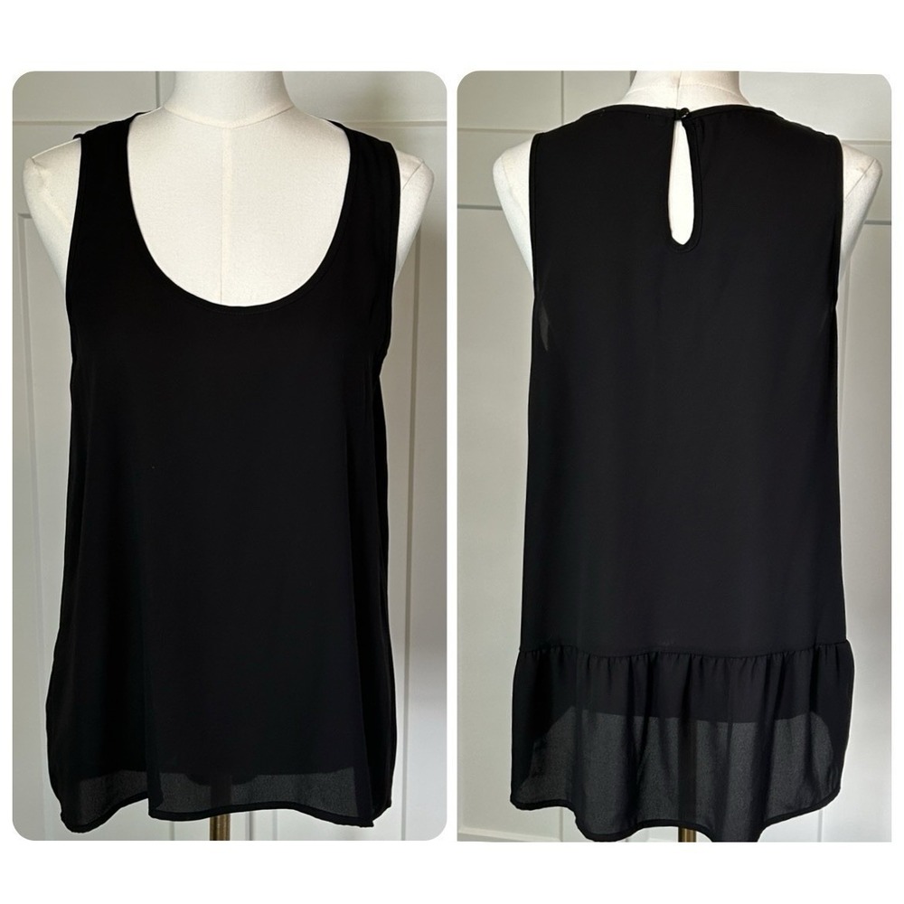 Pleione Black Dressy Tank Top - Women's SMALL Scoop Neck High-Low Back Ruffle